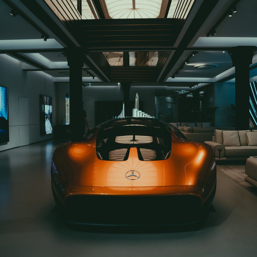 Concept car in a moody showroom interior
